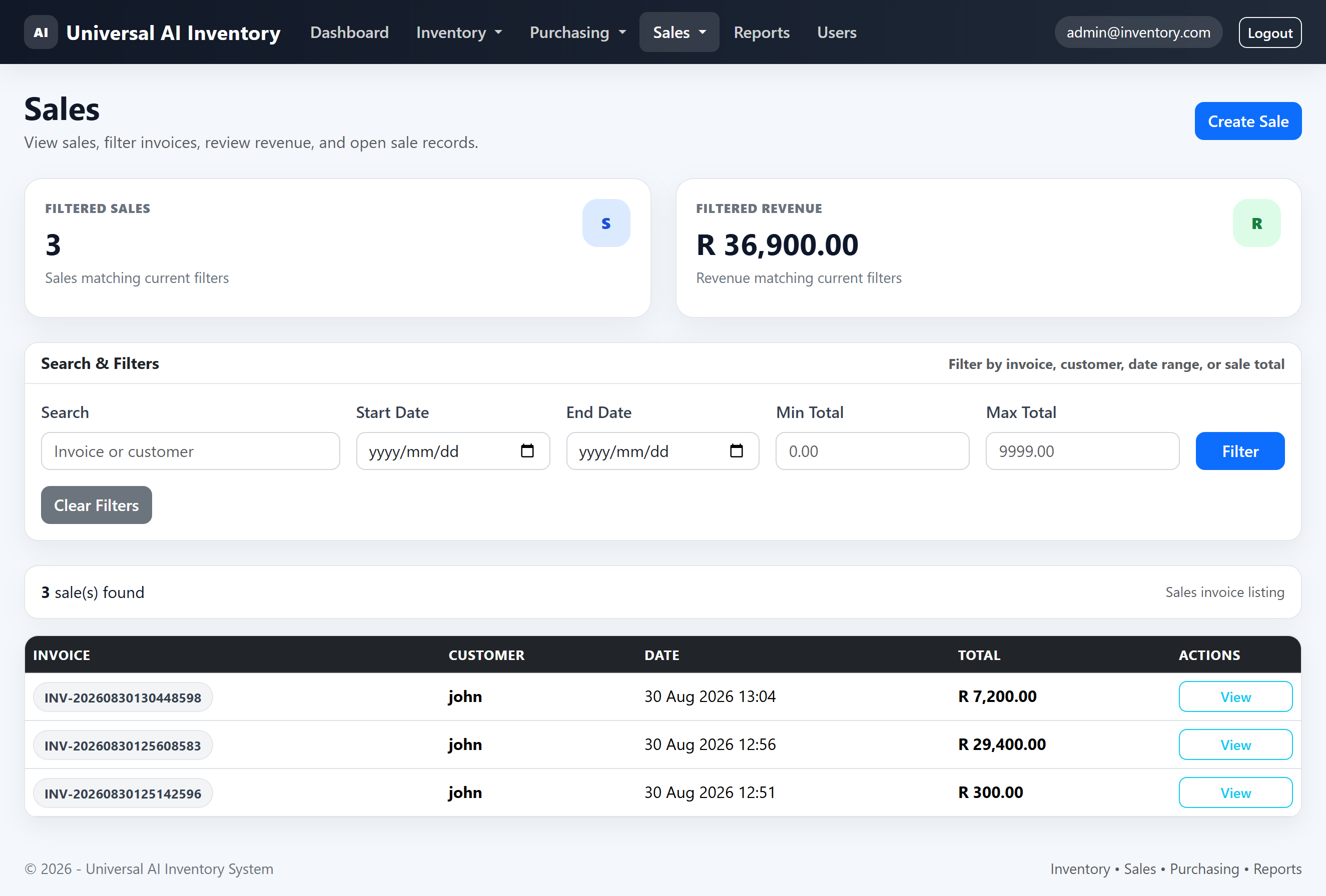Inventory sales management screen