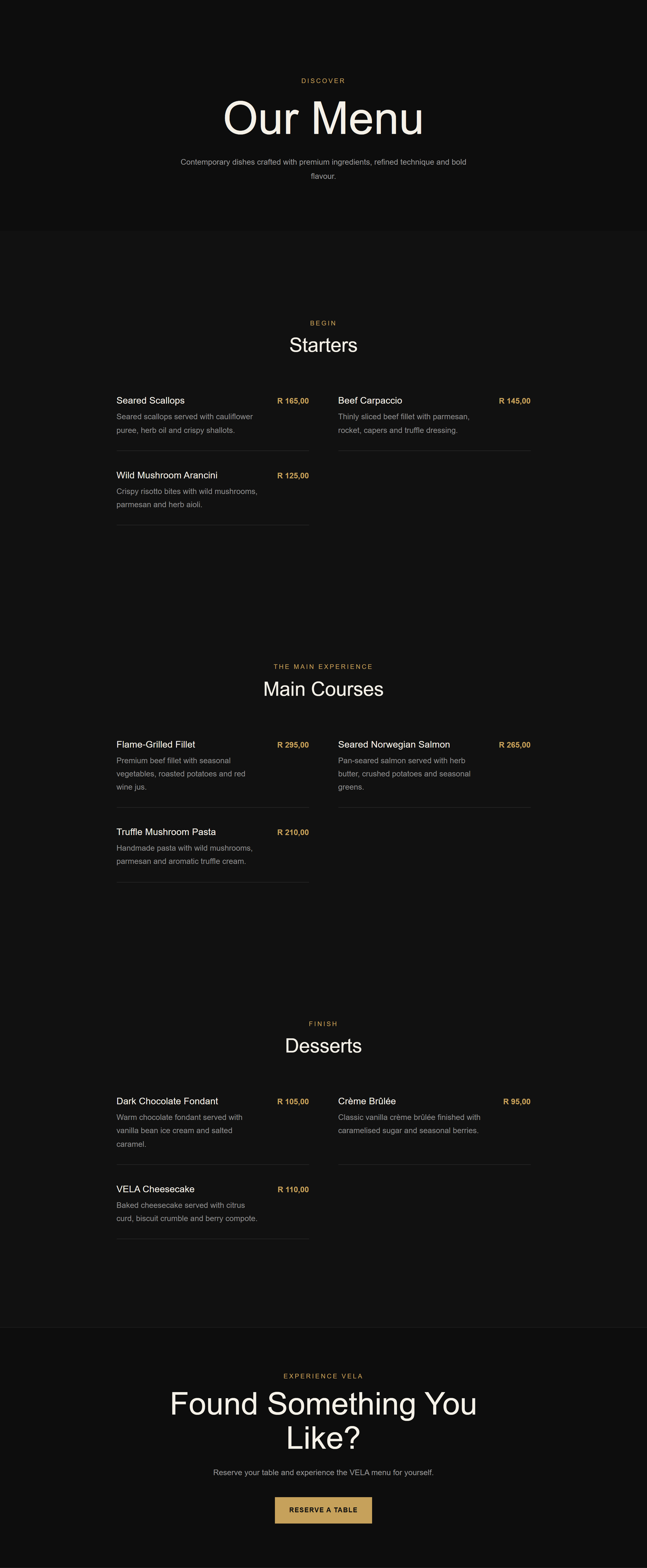 VELA restaurant website menu page